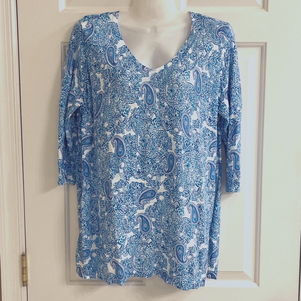 Talbots Paisley Print 100% Cotton V-neck,  3/4 Sleeve Sweater Size X